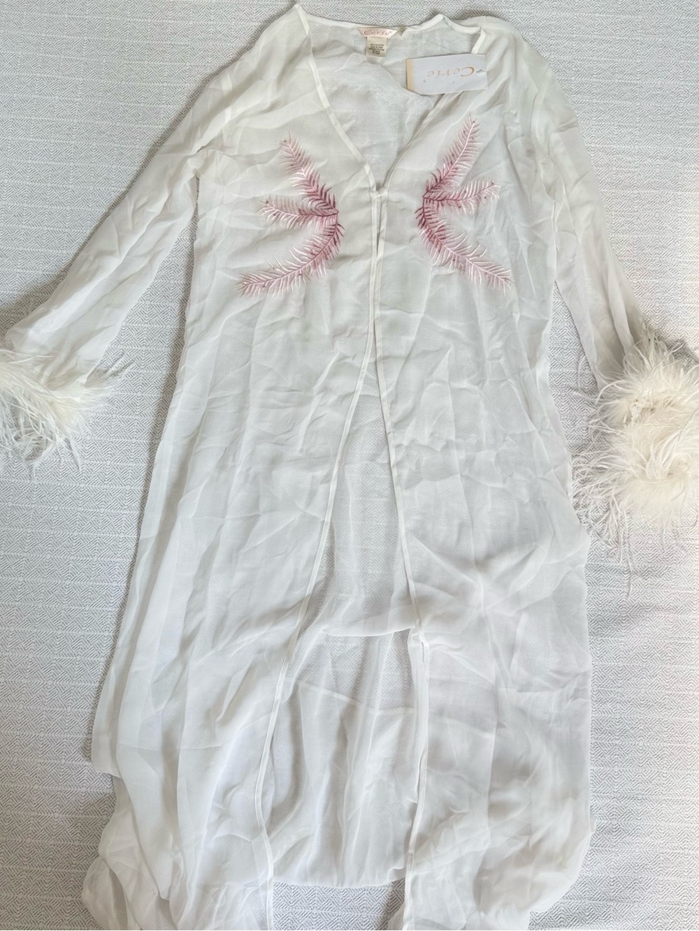 Cerie Sheer White Embroidered Kimono Robe with Feather Cuffs